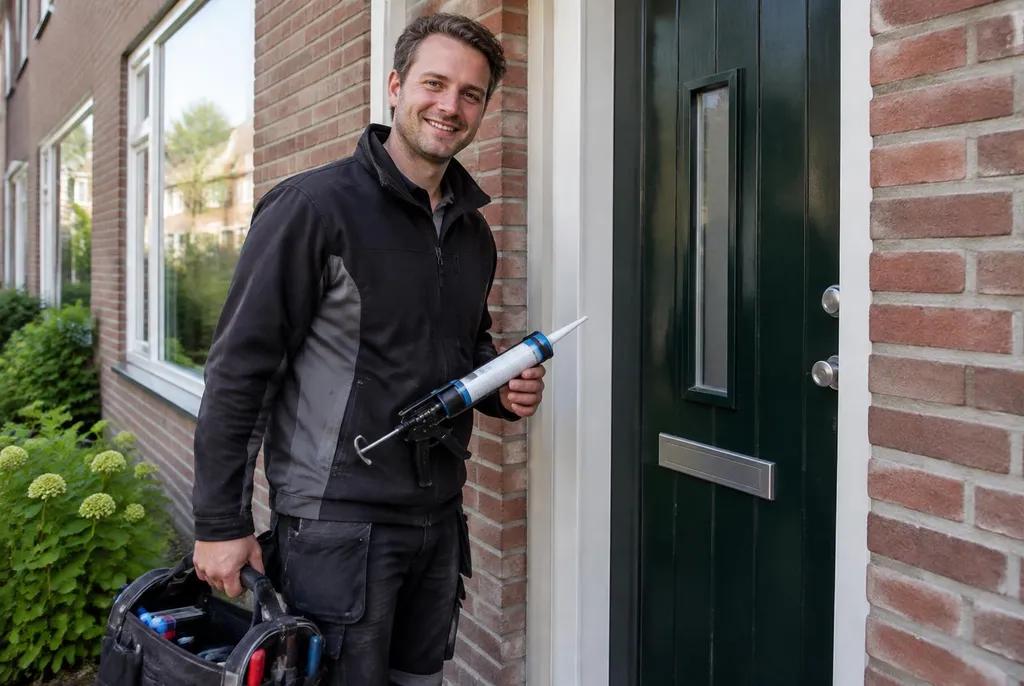 Vakman van Kitbedrijf Barneveld bij de voordeur van een woning